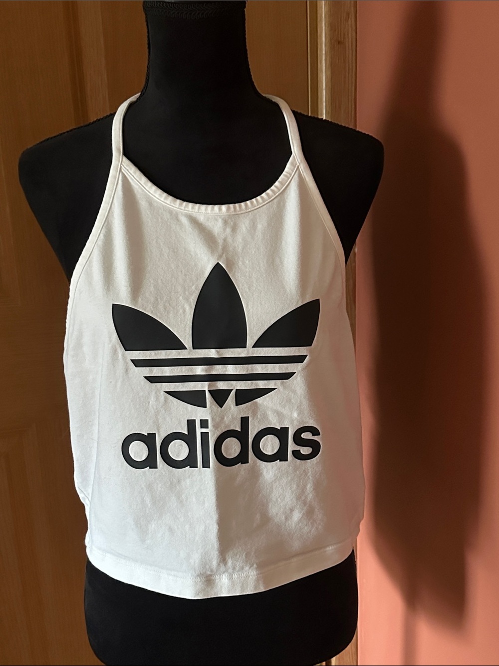 adidas White Cropped Halter Tank with Black Trefoil
